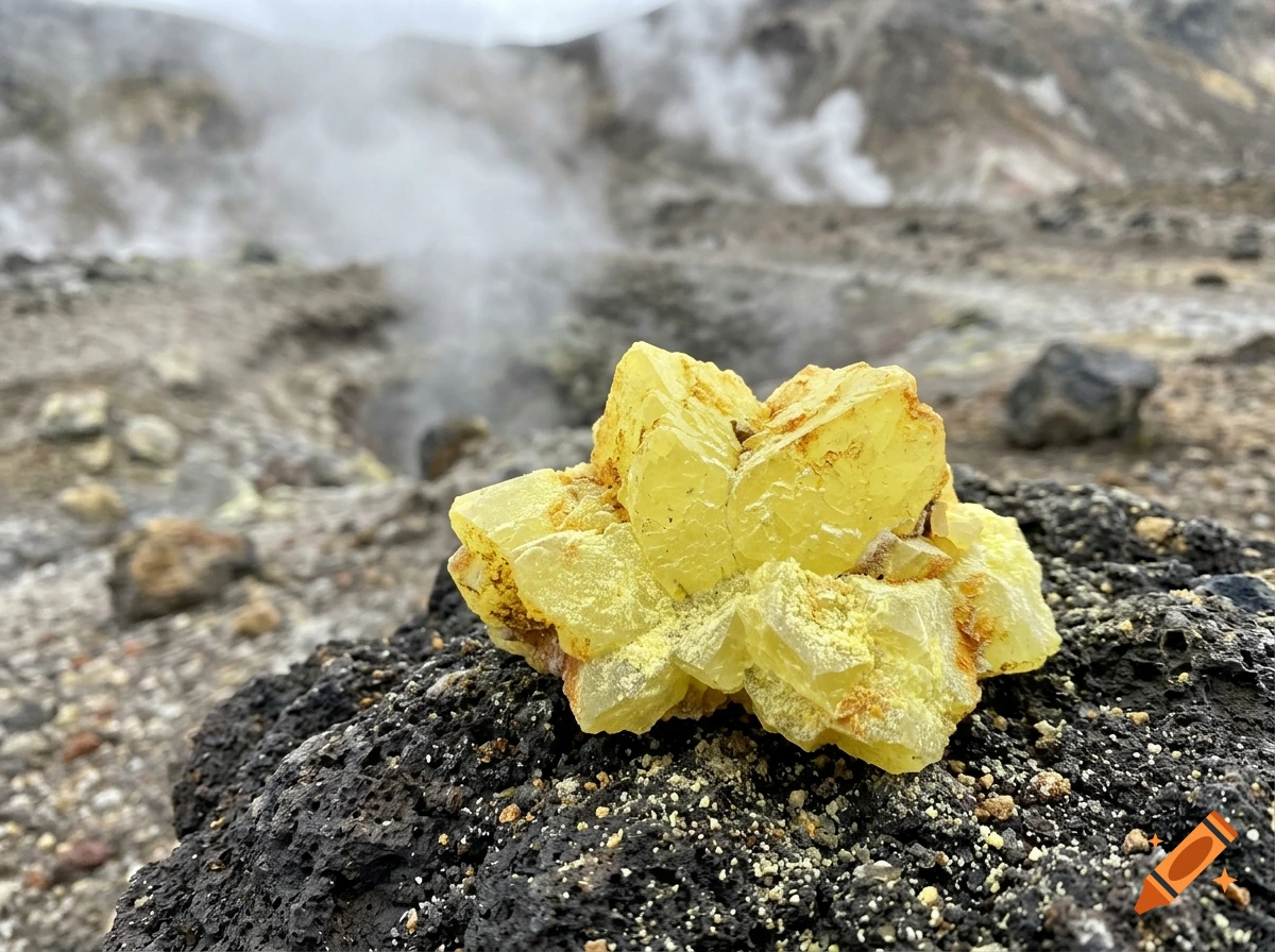 Close-up photorealistic shot of a bright yellow sulfur crystal cluster resting on dark volcanic rock with steam rising in the background.