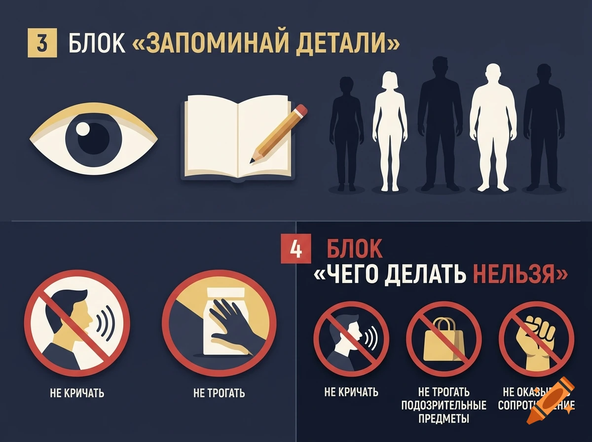 Educational infographic with Russian text, icons of an eye, notebook, human silhouettes, and prohibition symbols for emergency rules.