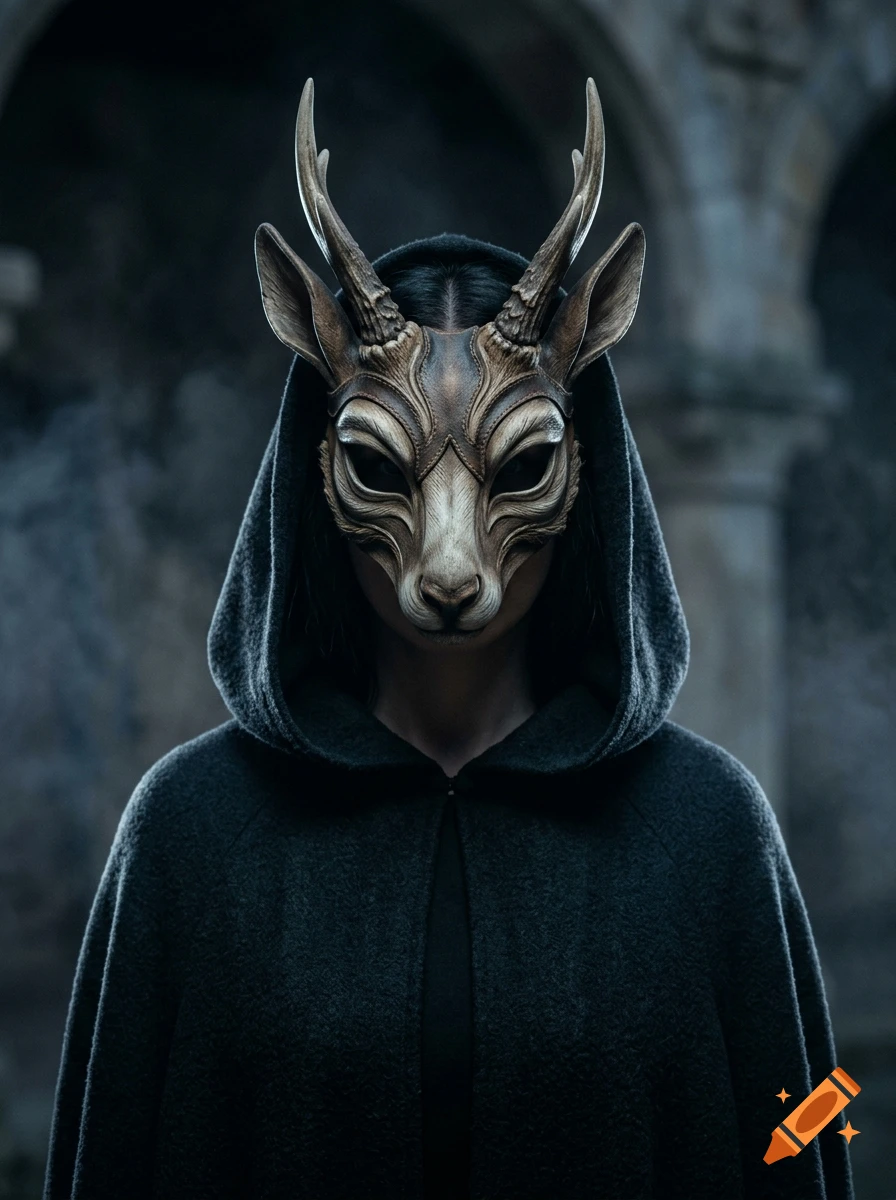 A person wearing a detailed antlered animal mask and a dark hooded cloak.