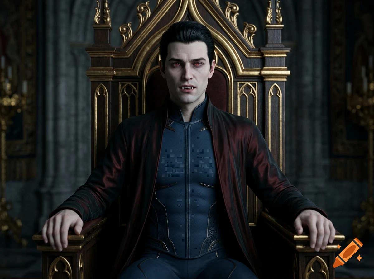 Photorealistic portrait of a handsome male vampire with slicked-back black hair, pale skin, and crimson red eyes, sitting on an ornate throne.