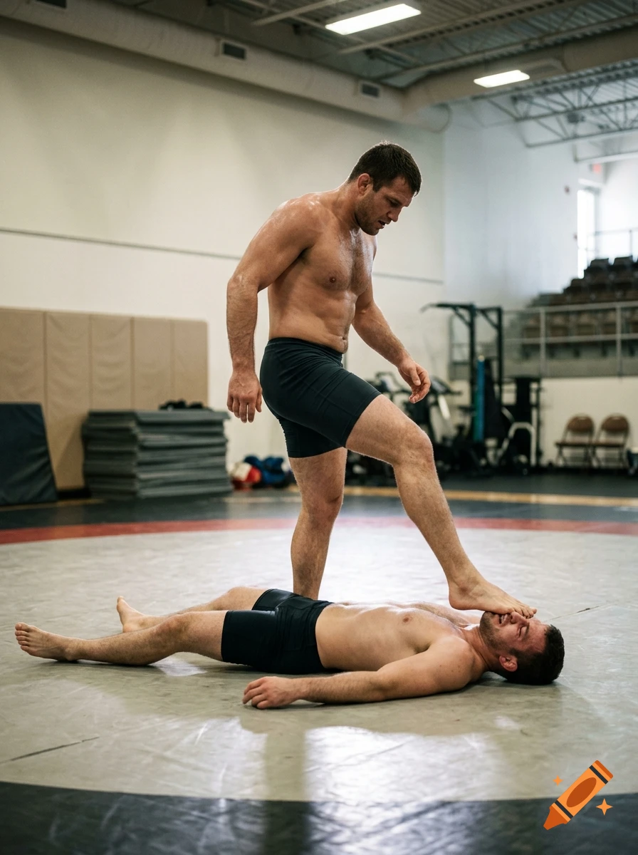 Photorealistic image of two male wrestlers on a mat in a gym, with one standing and placing a foot on the other's face.