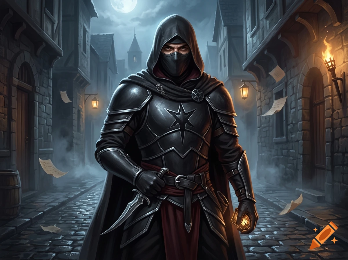 A hooded rogue in black armor with a star symbol holding a dagger in a medieval alleyway at night, digital art style.