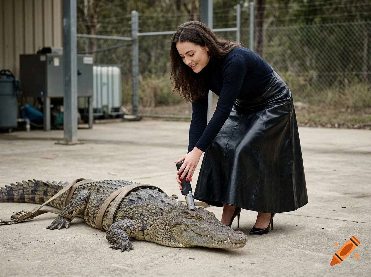 Photorealistic image of a smiling woman in a black turtleneck and long leather skirt holding a captive crocodile outdoors.