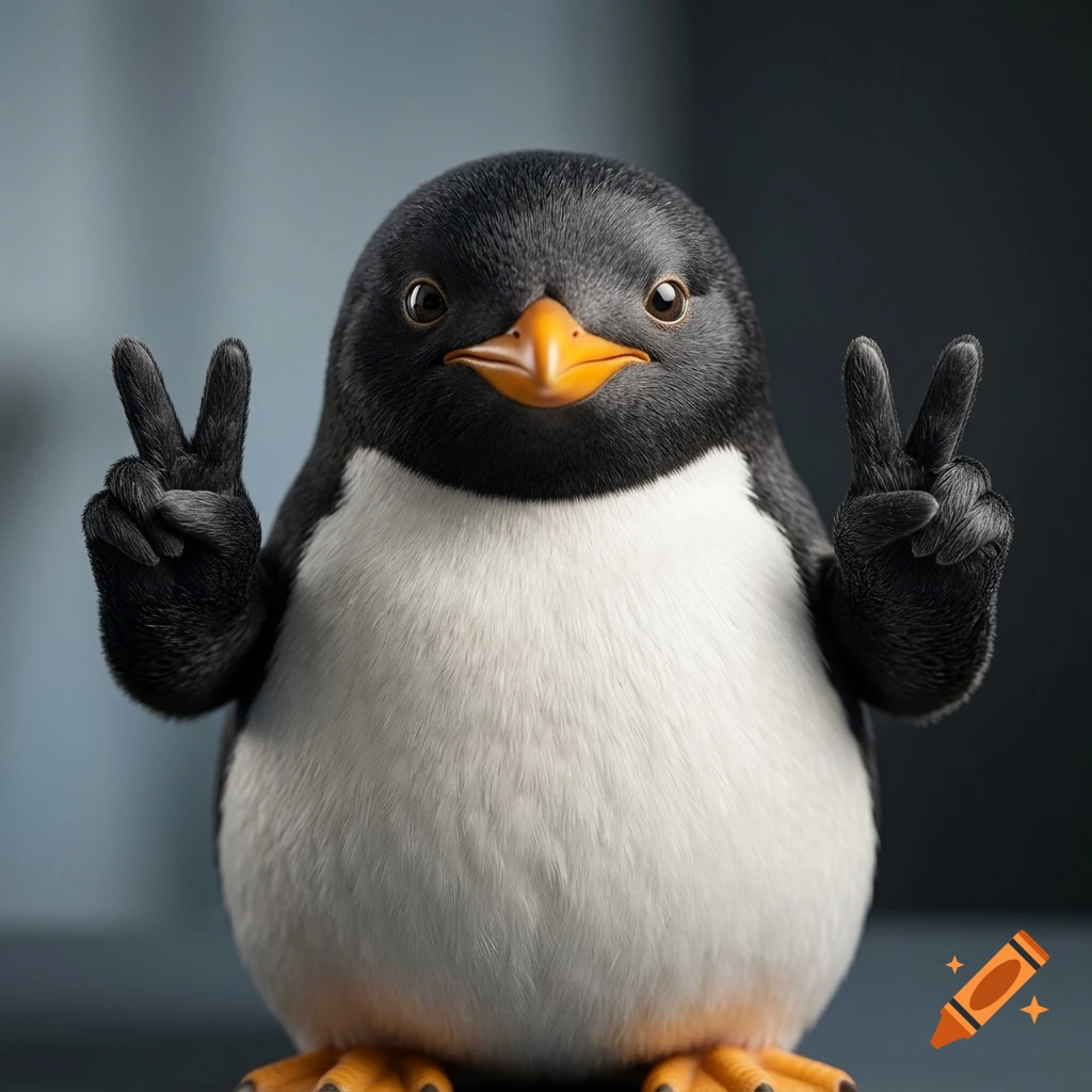 A close-up portrait of a cute, fluffy penguin holding up both flippers in a peace sign gesture.