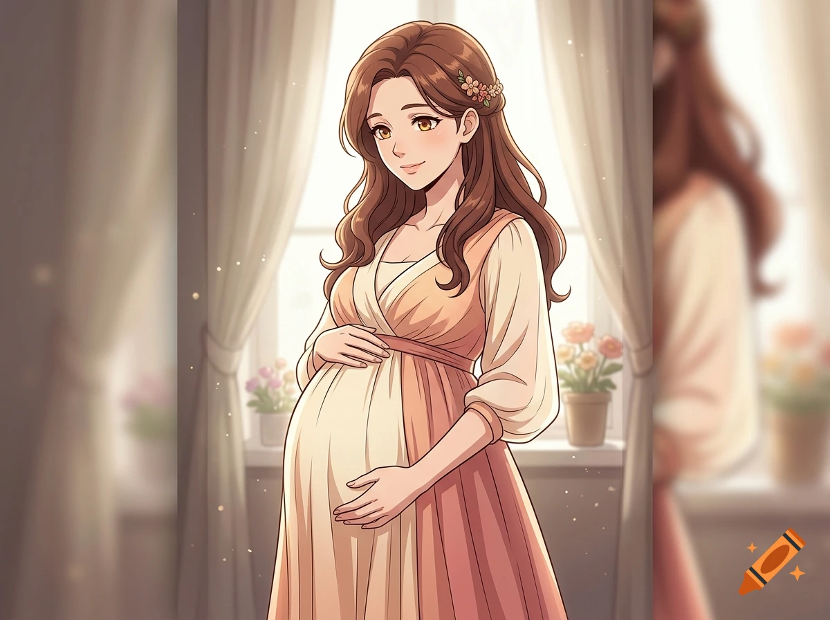 An anime-style illustration of a pregnant woman standing indoors near a window with curtains, holding her belly.
