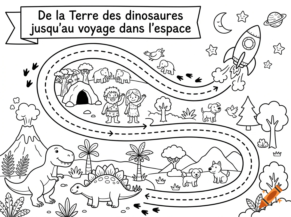 Black and white coloring page for kids depicting the evolution from dinosaurs to space travel.