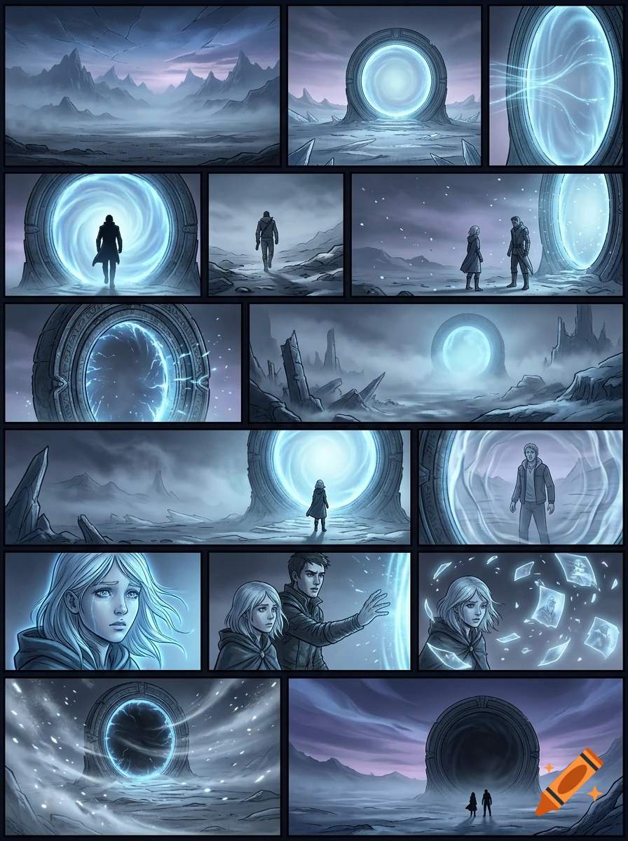 A 15-panel comic book style illustration depicting a mysterious glowing blue portal in a desolate landscape with characters interacting.