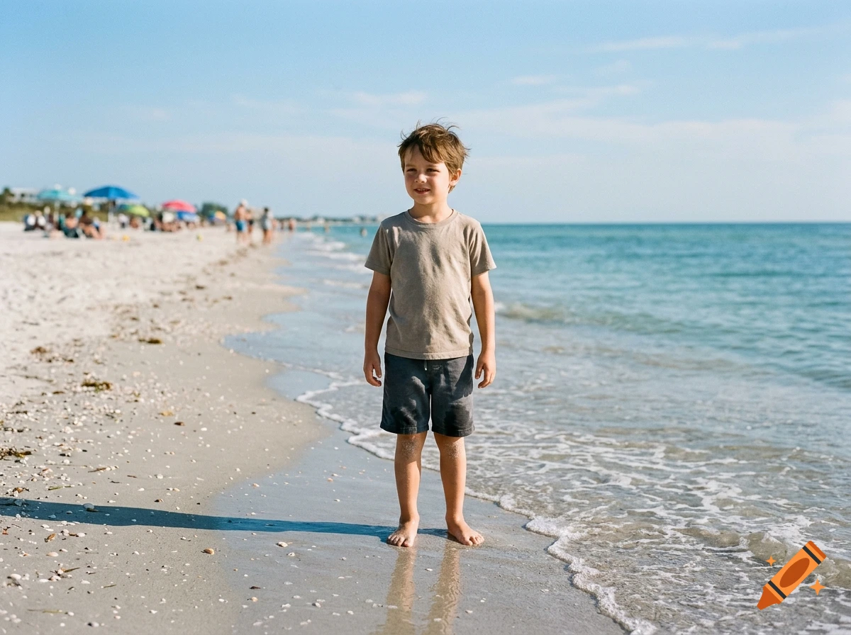 A young boy standing on a sandy beach near the ocean shore on a clear day, photorealistic.