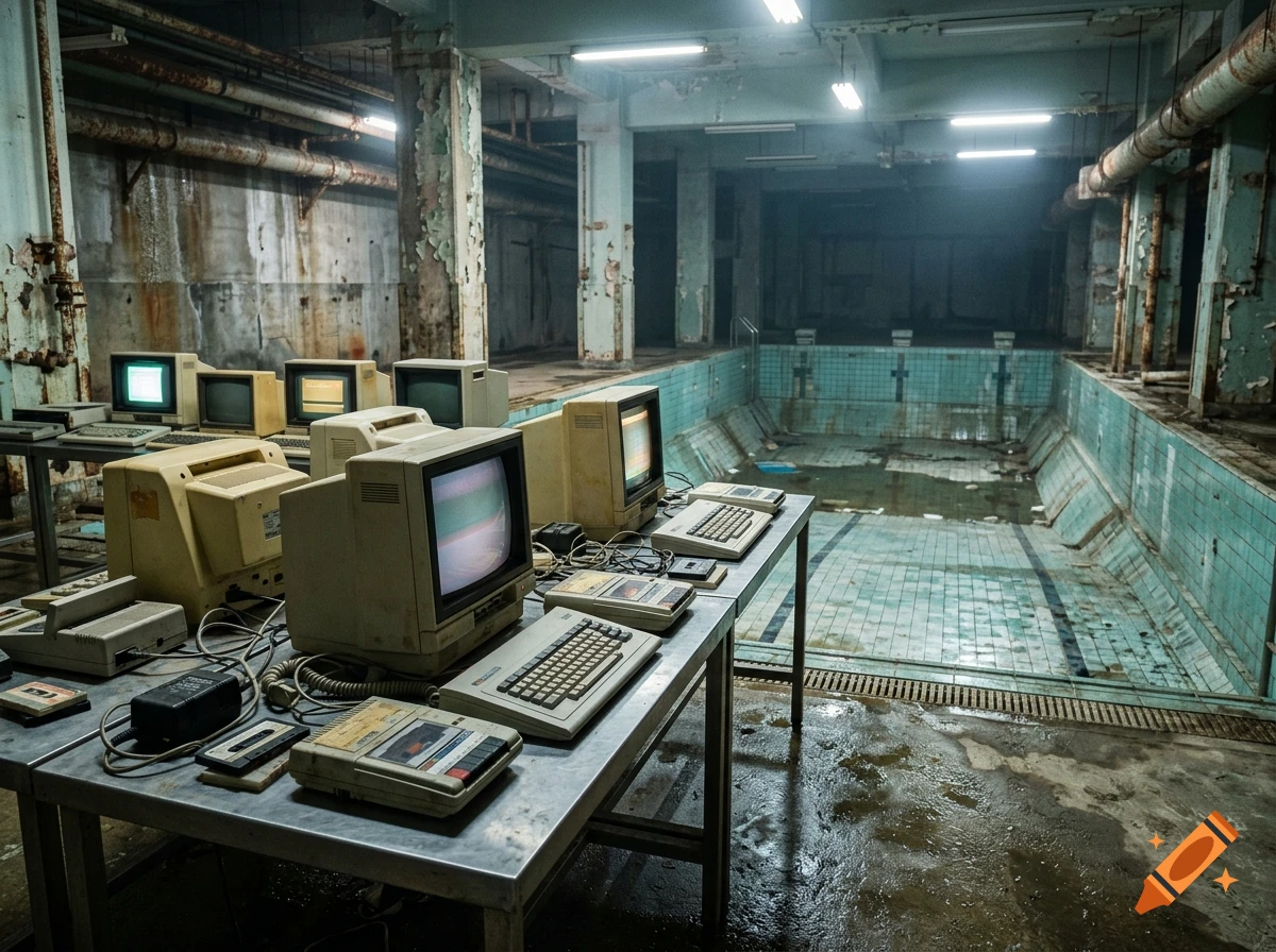 An abandoned indoor swimming pool with vintage desktop computers and keyboards set up on tables in the foreground.