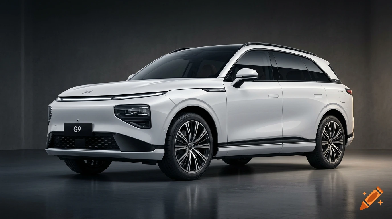 Photorealistic studio shot of a modern white XPeng G9 electric SUV in a sleek showroom with professional lighting.