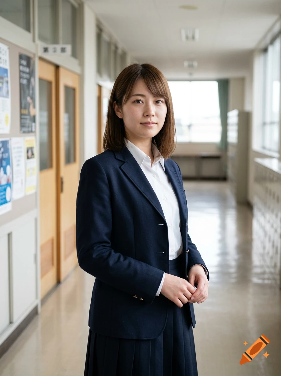 Photorealistic portrait of a young woman in a Japanese school uniform standing in a hallway.