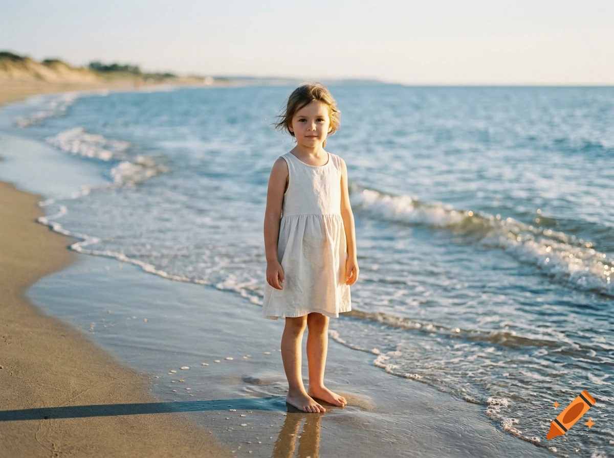 Photorealistic image of a small girl in a light-colored dress standing barefoot on a sandy beach near ocean waves.