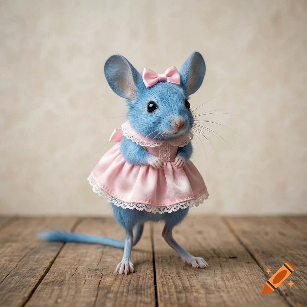 A photorealistic blue jerboa wearing a pink dress with lace and a pink bow on its head, standing on a wooden floor.