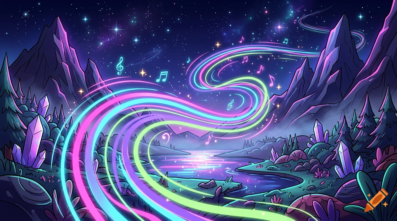 Cartoon art of a vibrant neon landscape at night with glowing light waves and musical notes flowing over a lake and mountains.
