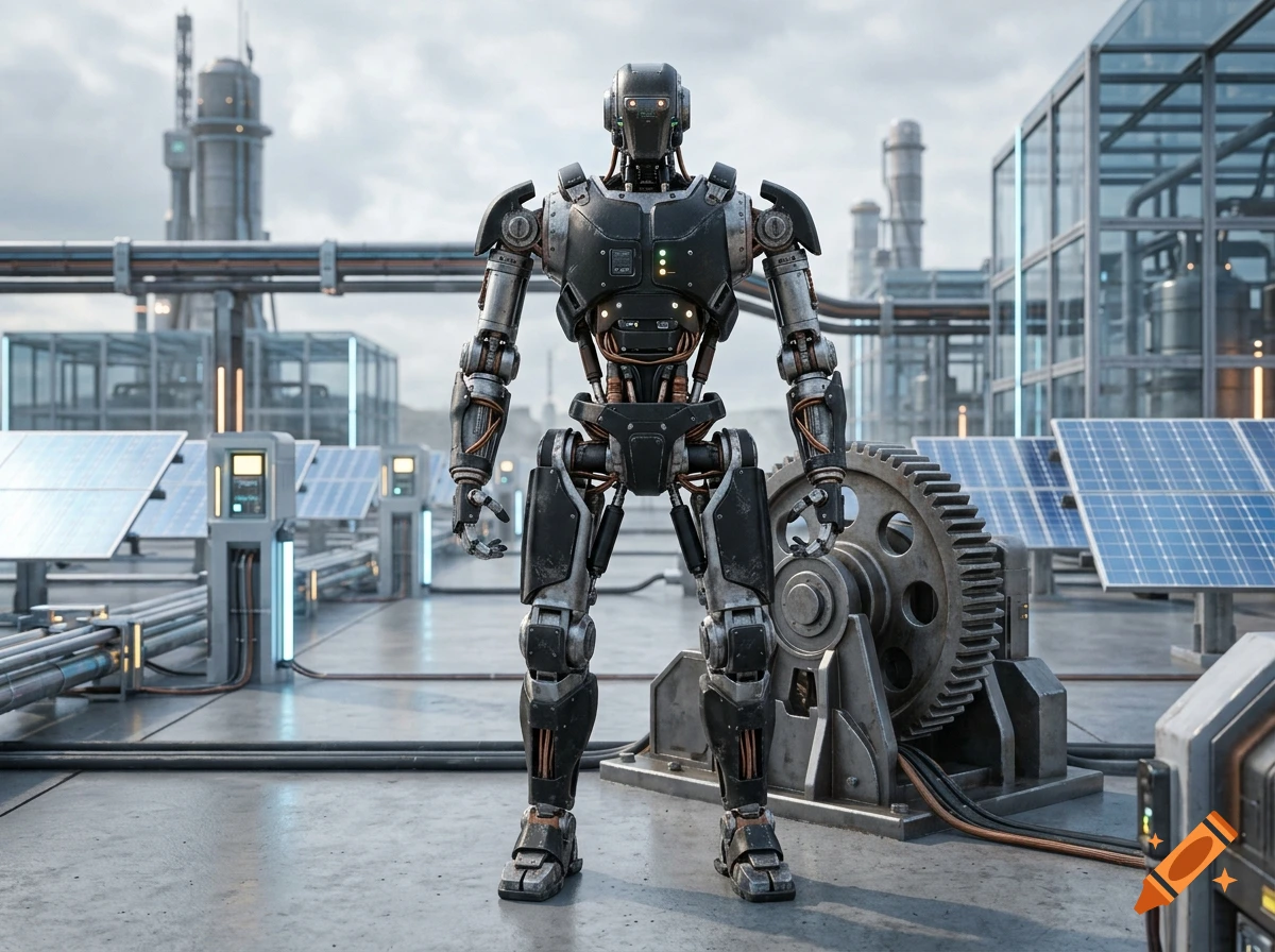 A humanoid mechanical robot standing centrally on an industrial platform surrounded by solar panels, machinery, and pipes against an overcast sky.