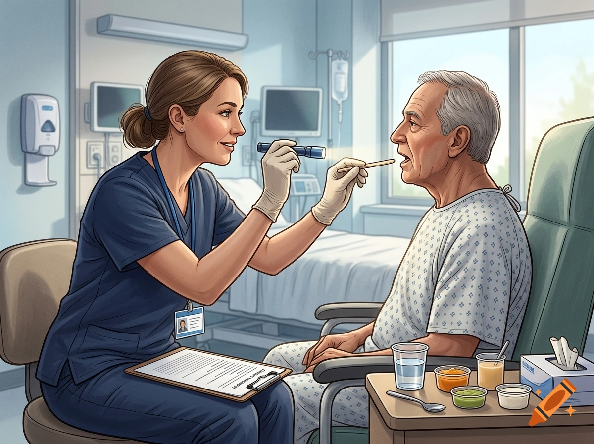Digital illustration of a speech therapist conducting a swallow test on an elderly male patient in a hospital room.
