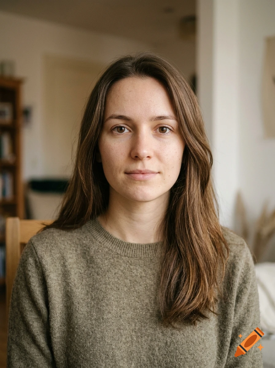 Photorealistic portrait of a young woman with long brown hair and brown eyes wearing a green sweater indoors.