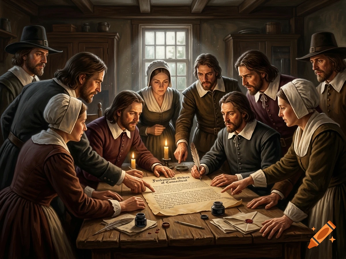 Puritan colonists gathered around a wooden table examining a document, in a realistic historical painting style.