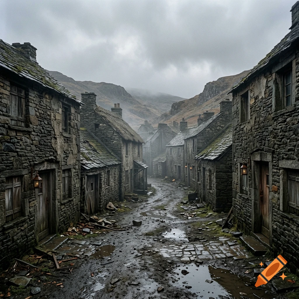 An old stone village street winding between rustic slate-roofed cottages under an overcast, foggy sky with mountains in the background.