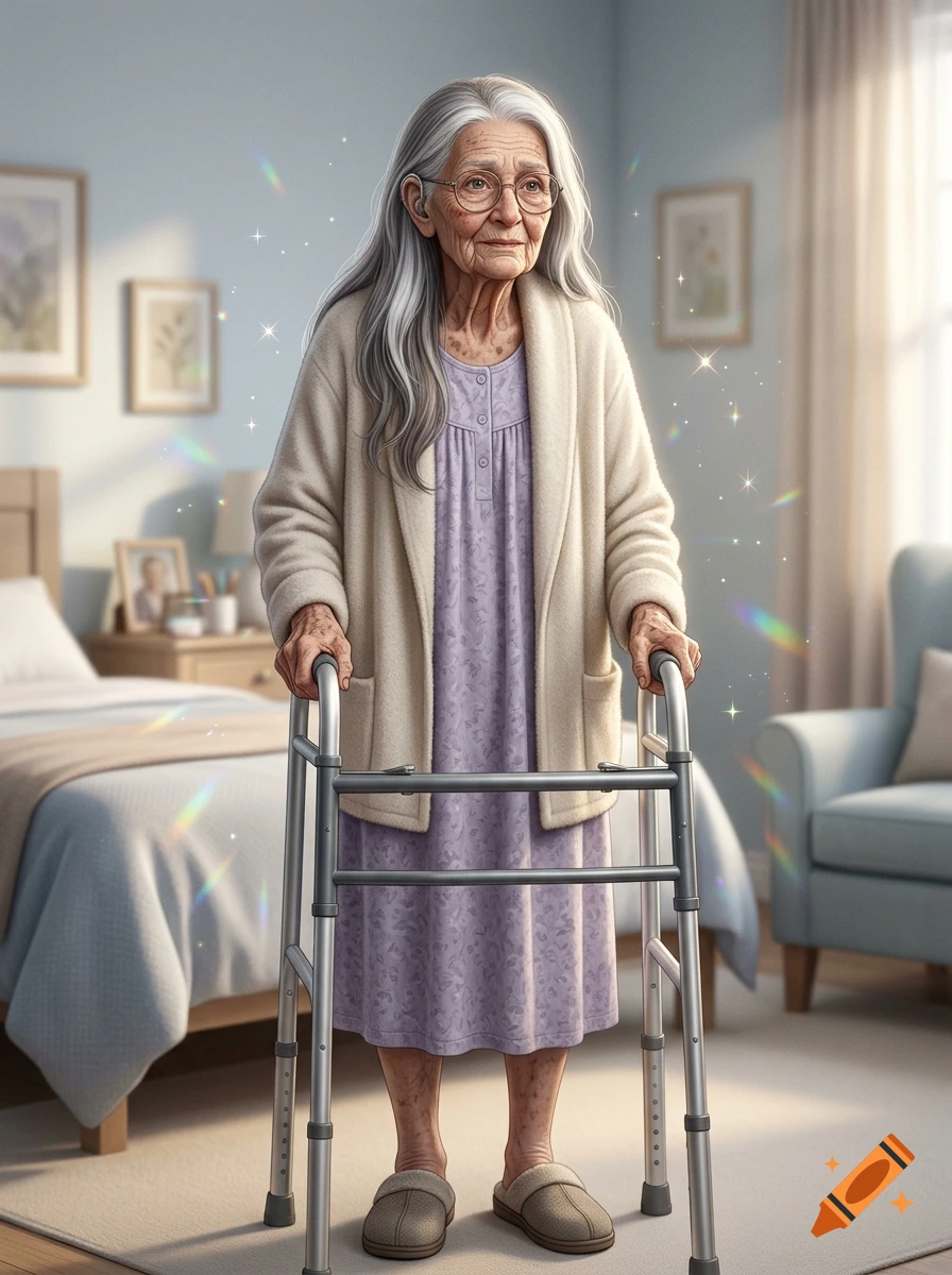 An elderly woman with long grey hair and glasses uses a walker in a brightly lit bedroom.
