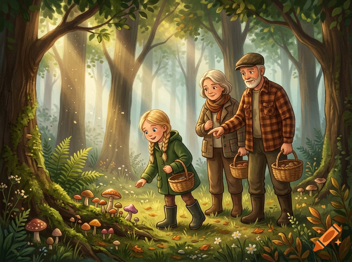 Digital illustration of a young blonde girl with braids and her grandparents picking mushrooms in a sunlit forest.