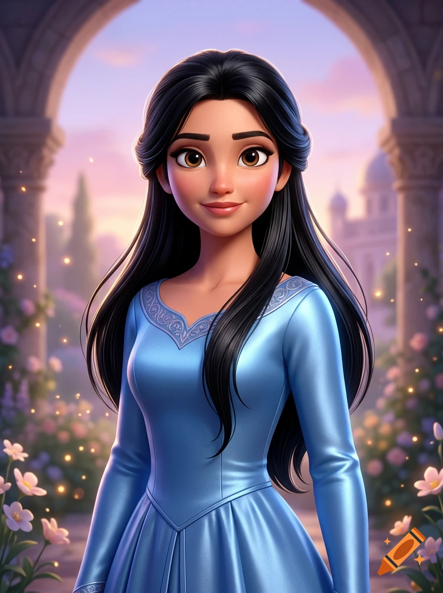 3D animated style portrait of a smiling woman with long black hair wearing a shiny blue dress in a garden archway.
