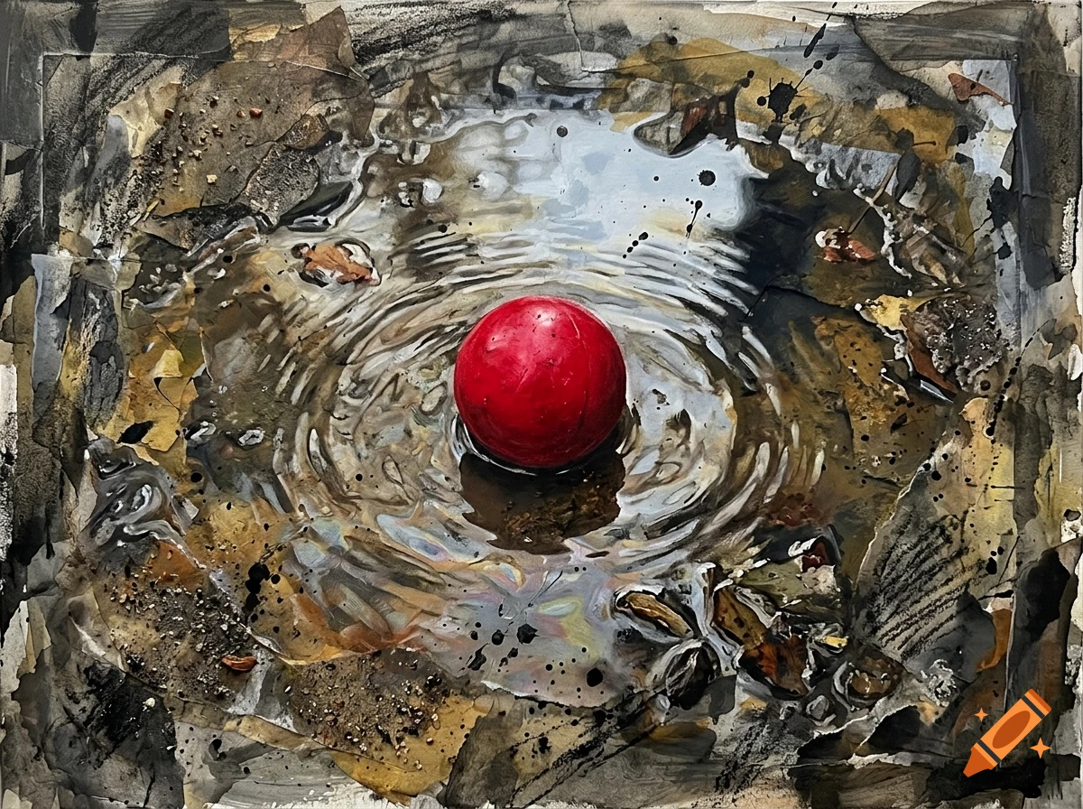 A red ball sits in the center of concentric ripples in a puddle, surrounded by fallen leaves and dark muddy earth in a mixed-media artwork.