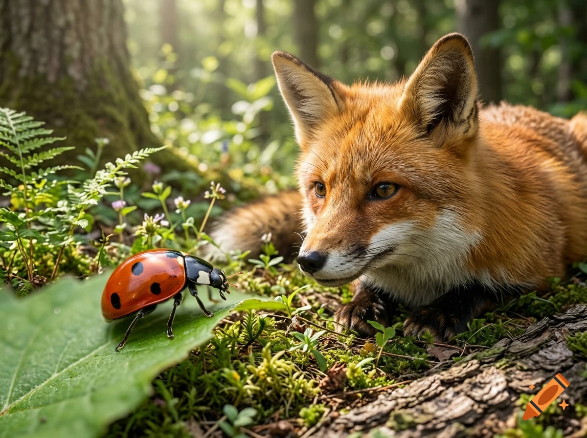 Photorealistic image of a red fox and a ladybug on a leaf in a forest.