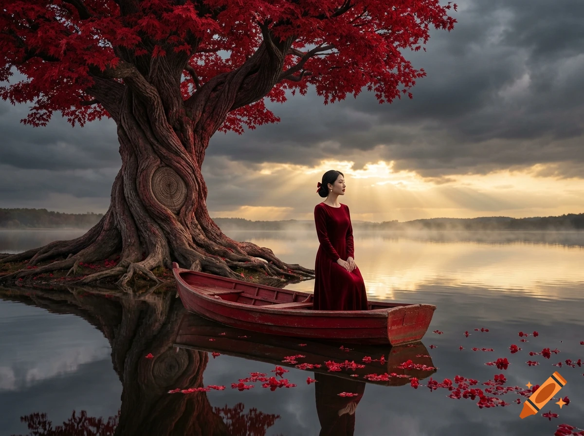 Photorealistic image of a woman in a long red dress standing in a red boat on a calm lake before a massive red-leafed tree under a cloudy sunset sky.