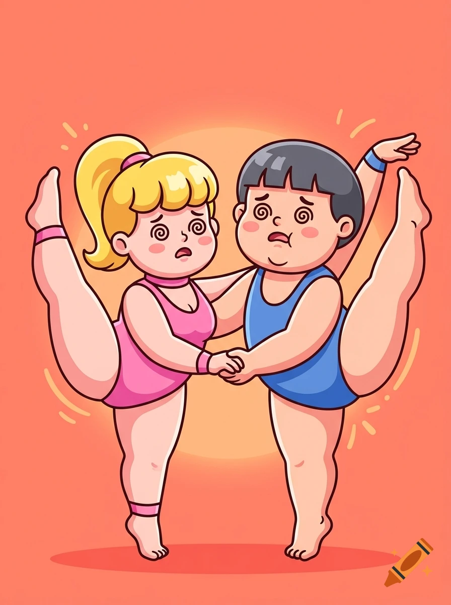 Digital cartoon illustration of two chubby, hypnotized adults in pink and blue leotards doing a dramatic flexibility pose.