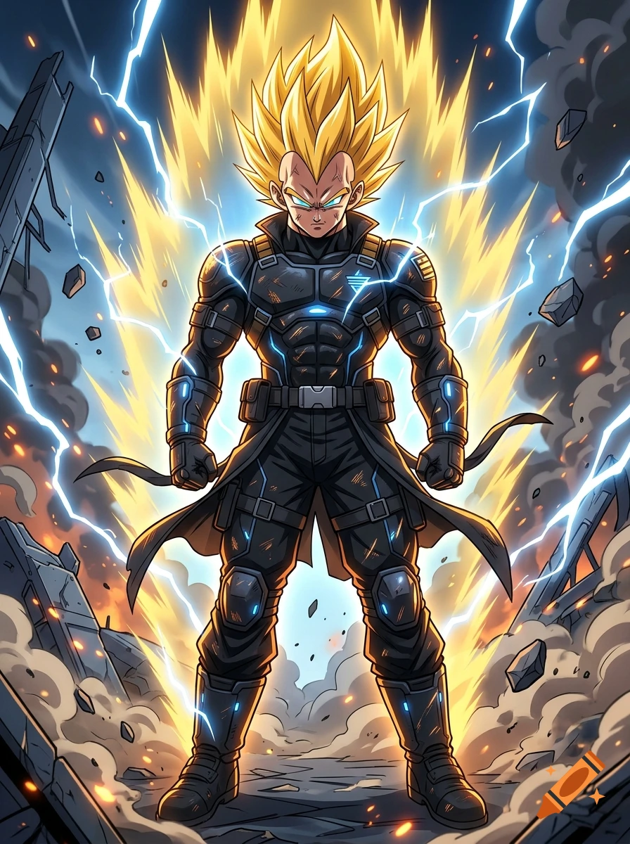 Anime illustration of Super Saiyan Vegeta in black tactical gear amid a destroyed battlefield with lightning.