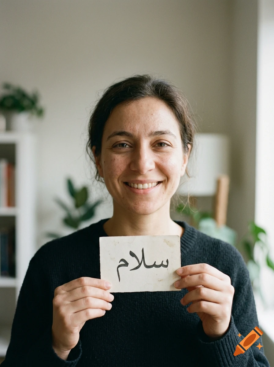 A smiling woman holding up a small card with Arabic script written on it.