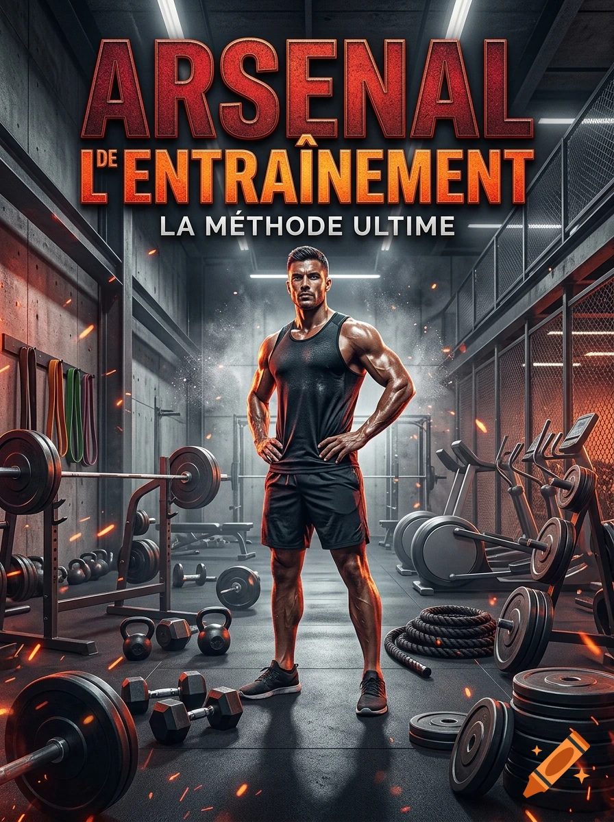 Photorealistic gym cover featuring a muscular athlete standing in a modern weightlifting gym with fitness equipment and dramatic lighting.