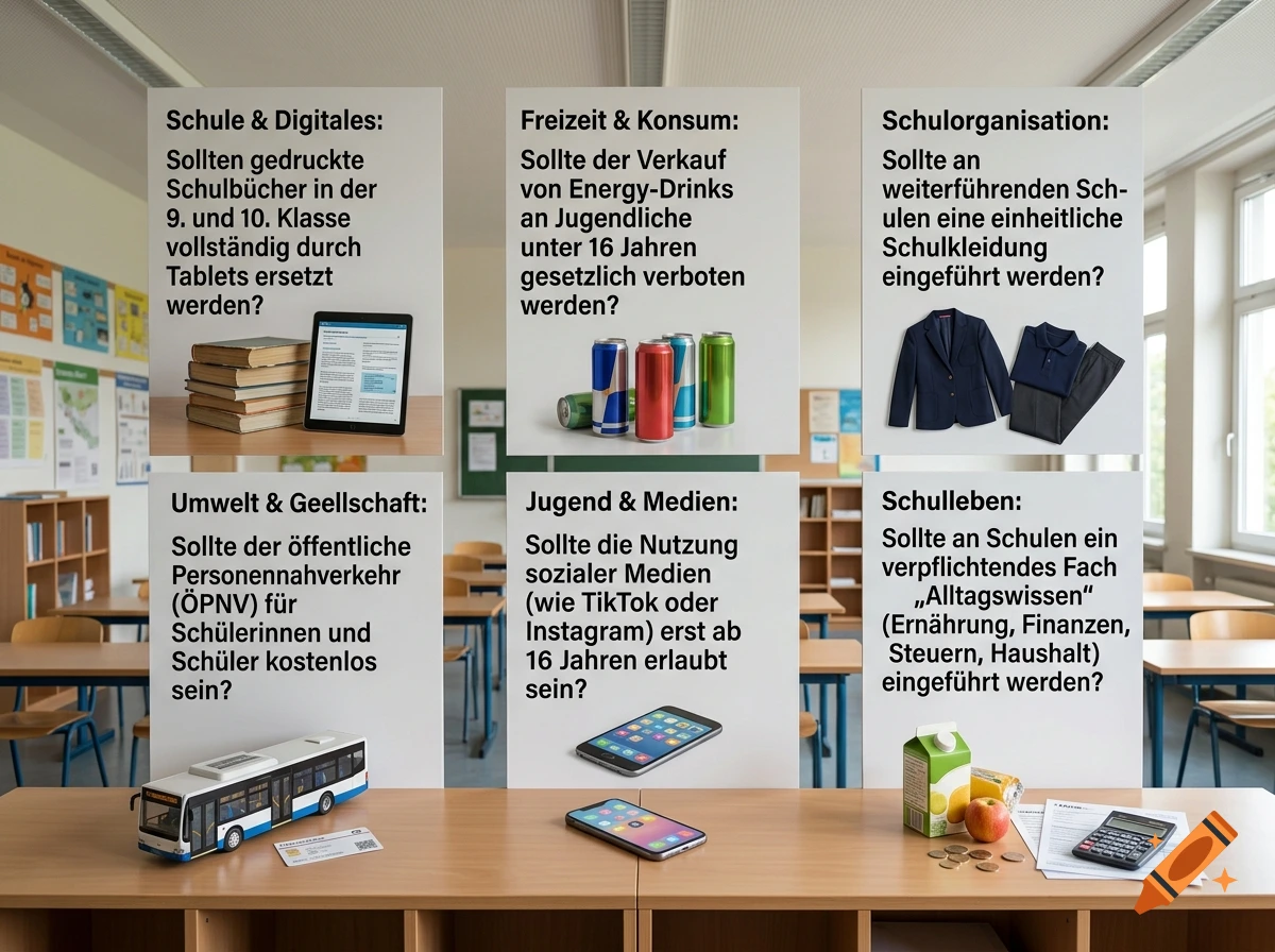 Photorealistic classroom with six white display boards showing German questions about school and society with related props below each.