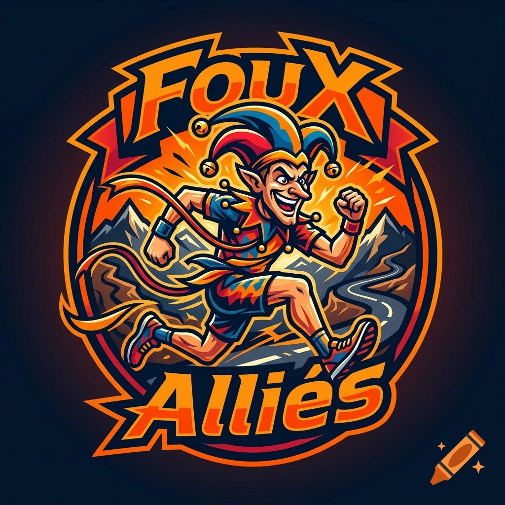Dynamic cartoon logo of a running jester in a jester hat with bells, over mountain scenery, with text Foux Allies.