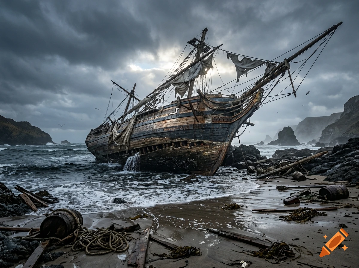 Photorealistic shipwreck stranded on a rocky beach under a stormy, cloudy sky.