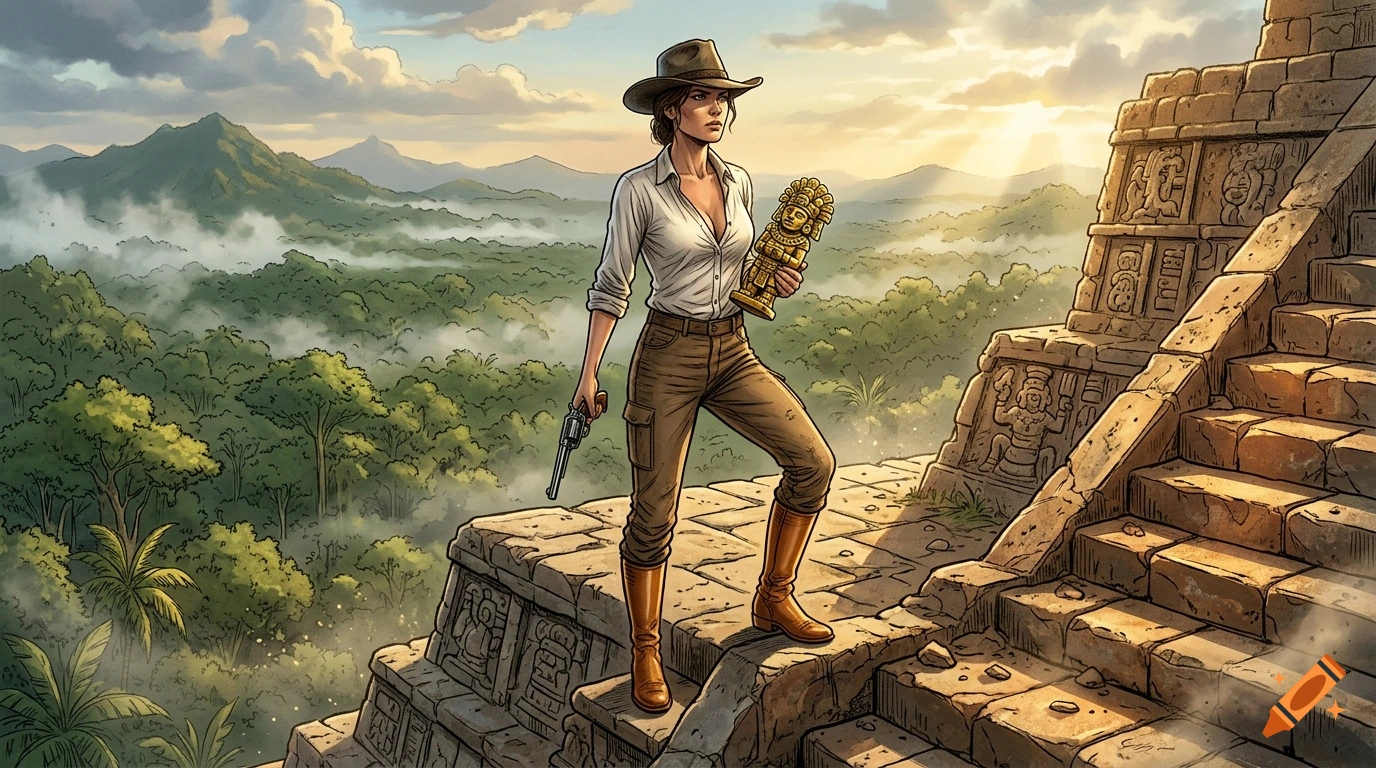 An adventurer woman holding a golden statue and a revolver atop a Mayan pyramid in a jungle, realistic comic style.
