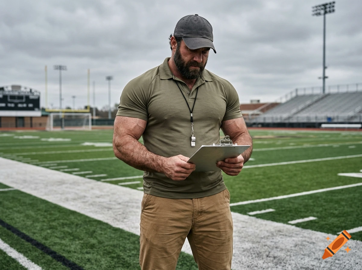 Photorealistic medium shot of a muscular bearded man wearing a baseball cap and athletic polo, holding a clipboard on a football field.