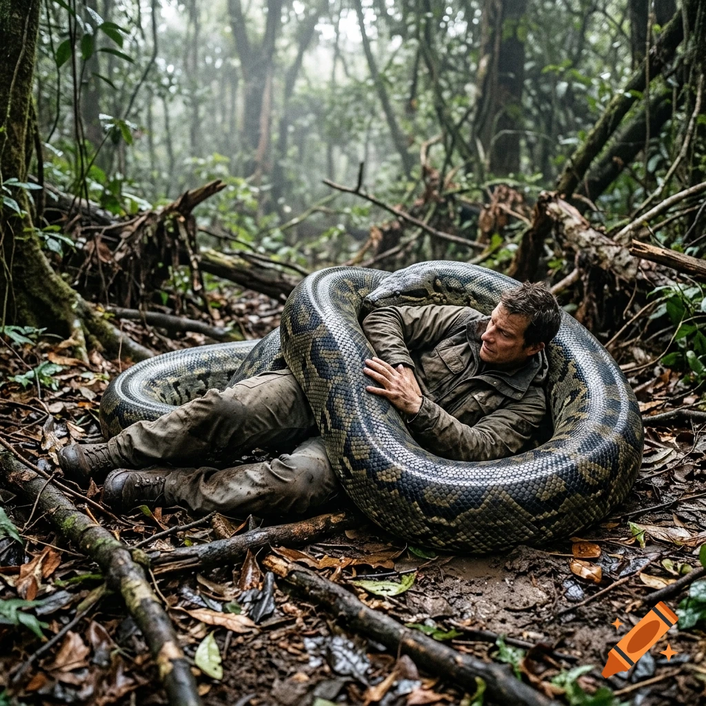 A photorealistic image of a man trapped and squeezed by a giant snake in a dense jungle.