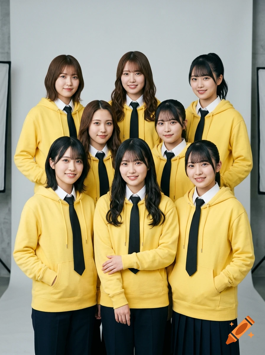 Group photo of seven young Japanese female idols wearing white shirts, black ties, and yellow hoodies.
