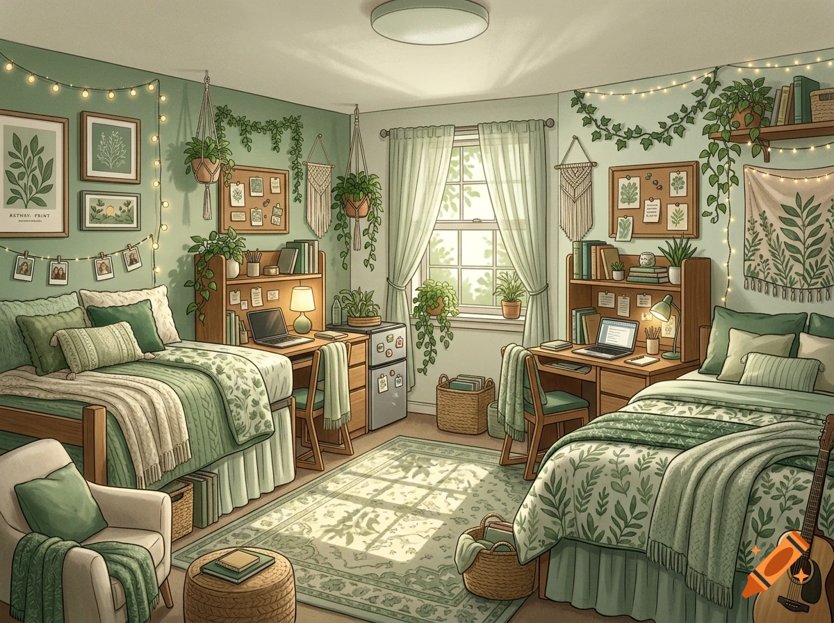 An illustrated green-themed college dorm room with two beds, desks, and plants, in a cozy anime style.