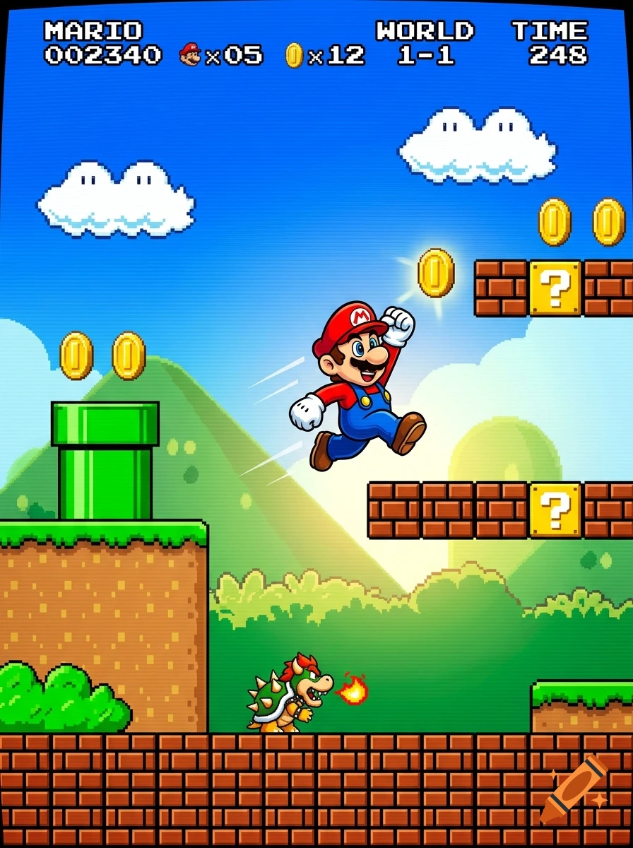Pixel art style video game screenshot showing Mario jumping over Bowser with score and timer overlay.