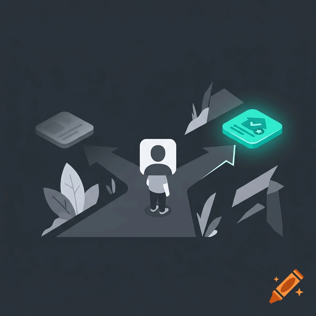 An isometric digital illustration shows a figure standing at a crossroads, with an arrow pointing to a glowing green icon.
