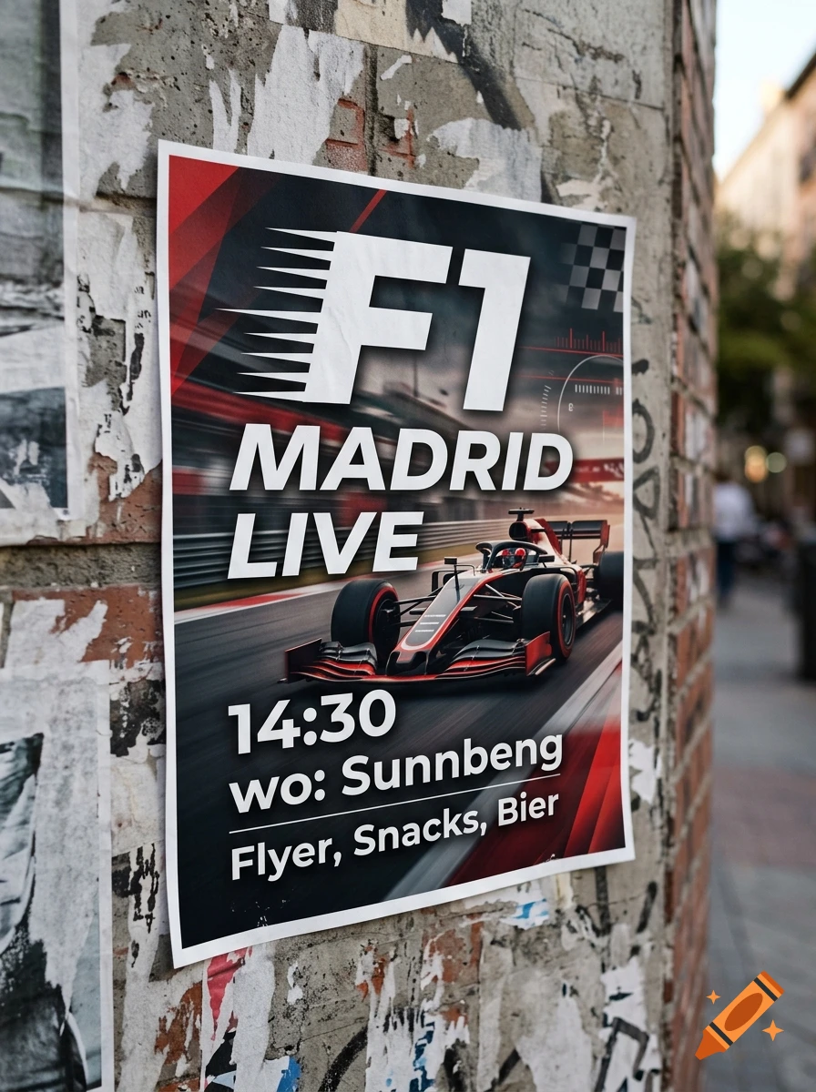 An F1 Madrid Live event poster affixed to a weathered brick wall on a city street.