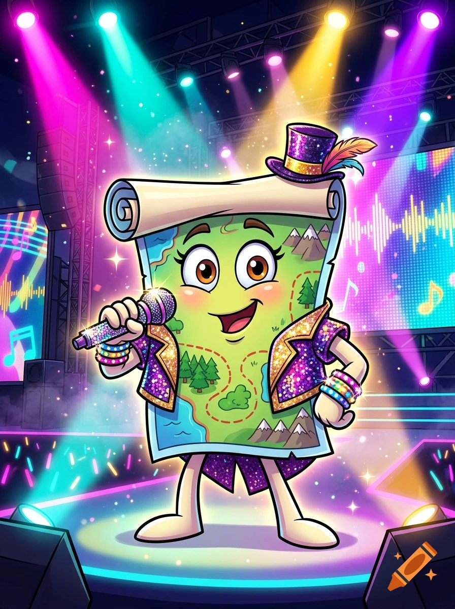 Animated map character dressed as a singer performing on a stage with colorful lights and sound waves.