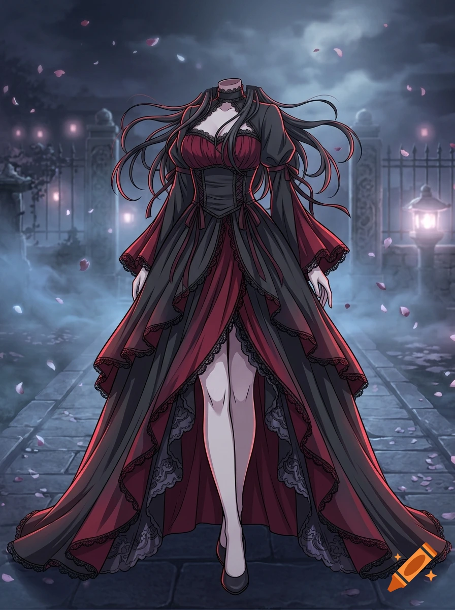 Anime style illustration of a headless woman wearing an elaborate black and red gothic dress standing on a stone pathway at night.