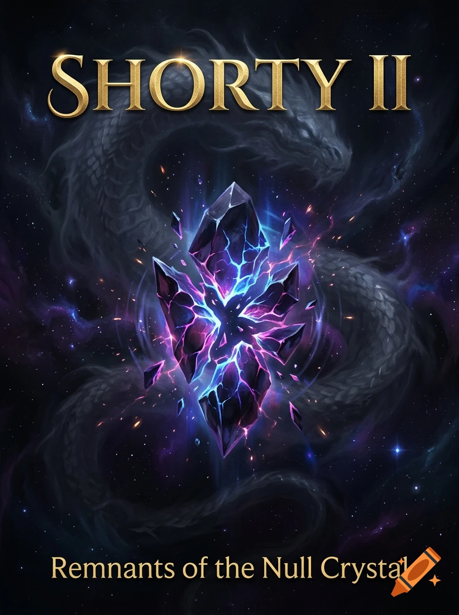 Dark fantasy book cover with a glowing crystal in the center and a serpent in the background, featuring the title Shorty II.