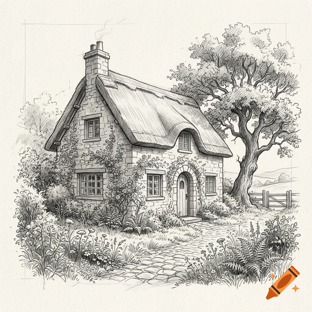 Pencil sketch drawing of a rustic thatched-roof cottage with stone walls, surrounded by trees and flowers.