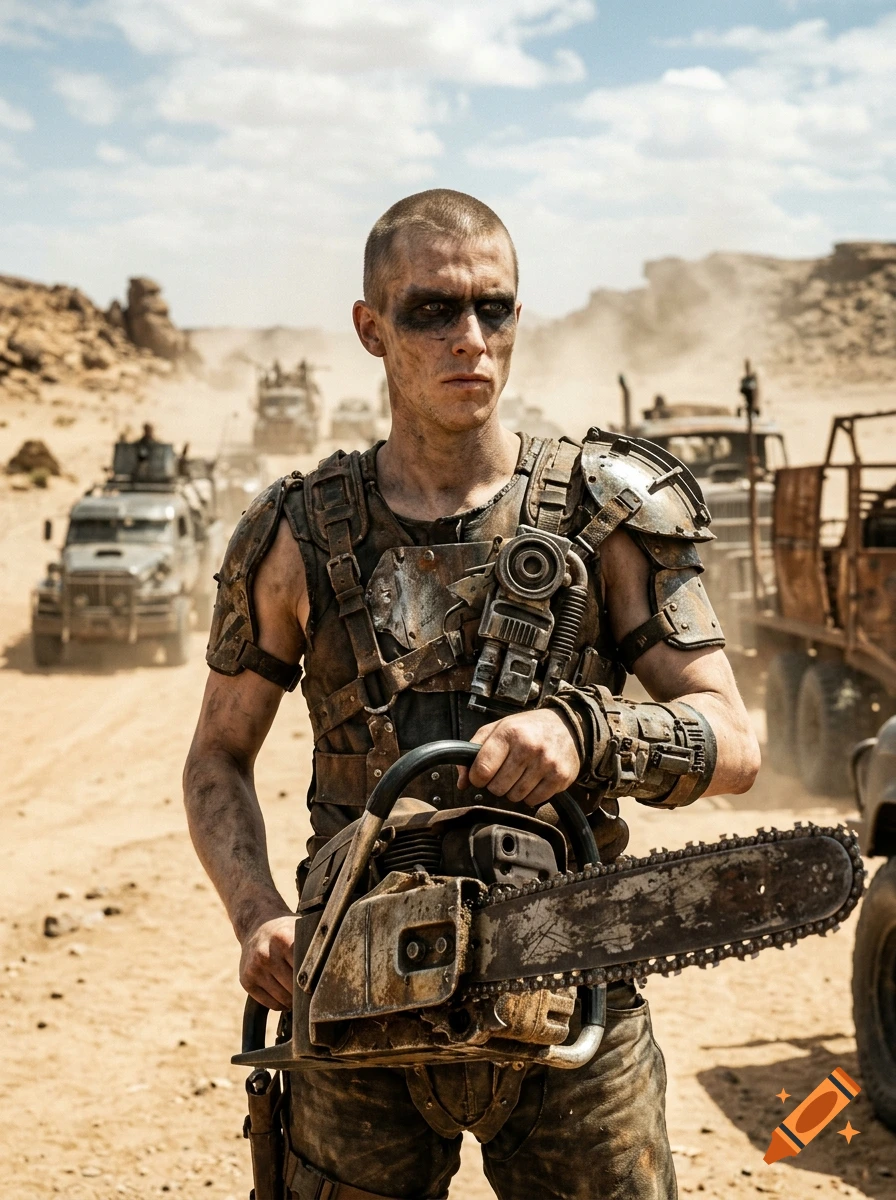 A man with a shaved head and dark face paint wearing weathered apocalyptic armor holds a dirty chainsaw in a desert setting with vehicles.
