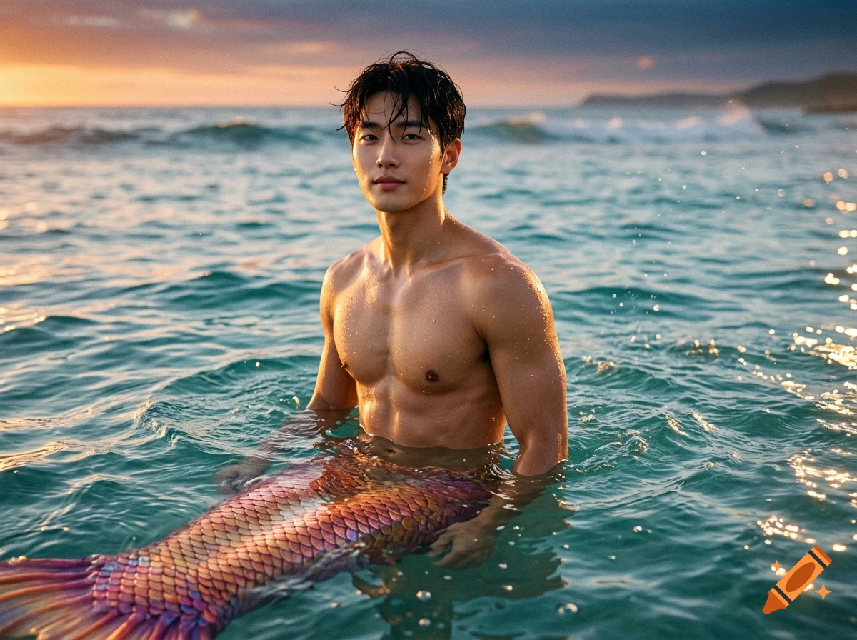 Photorealistic image of a toned merman with black hair and an iridescent sunset-colored tail, waist-deep in ocean waves at sunset.